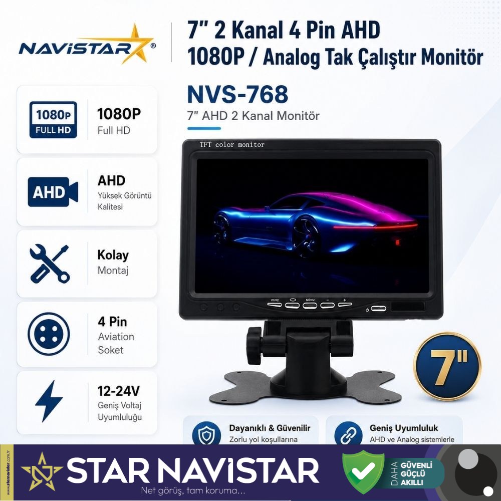 7 inç 2 Kanal Full HD AHD/Analog Tak Kullan Araç Monitörü Ayna Görüntüsü Ayarlı + Park Çizgisi 12-24V