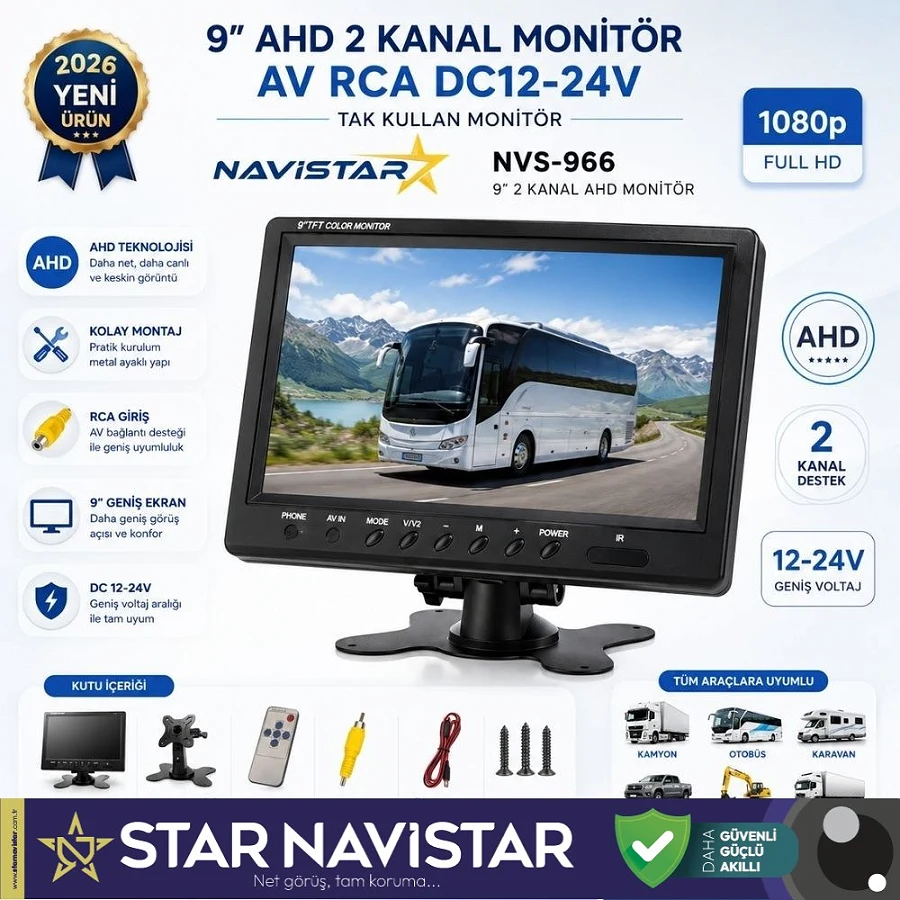 9 inç 2 kanal AHD RCA Sarı Soketli Araç Monitörü 1080P 720P Analog Destekli DC 12-24V