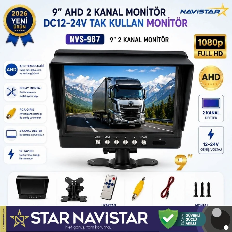 9 inç Şapkalı 2 kanal AHD RCA Sarı Soketli Araç Monitörü 1080P 720P Analog Destekli DC 12-24V