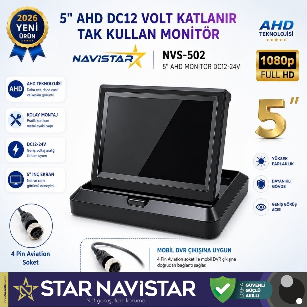 5 inç AHD Katlanabilir Araç Monitörü - 1080p, Mobil DVR Uyumlu 4-Pin, DC12-24V