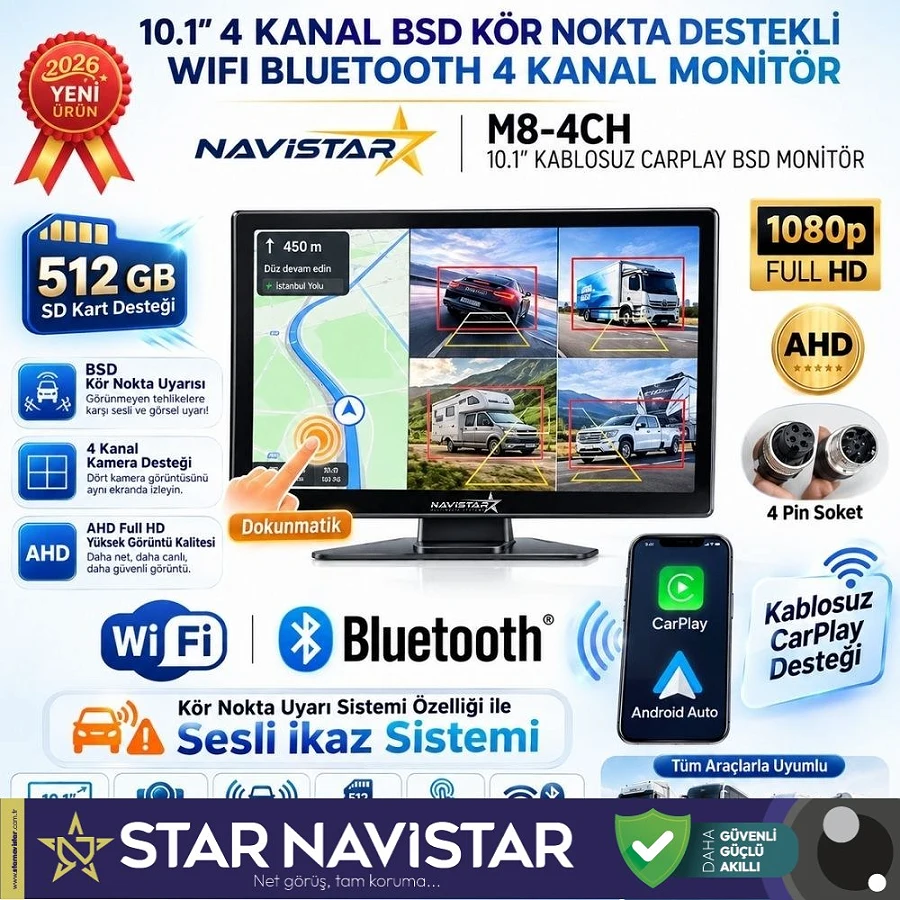 10.1 inç Dokunmatik 4 Kanal Kayıtlı Kablosuz Carplay Wifi Kör Nokta Uyarılı Araç Monitörü 512 GB Destekli