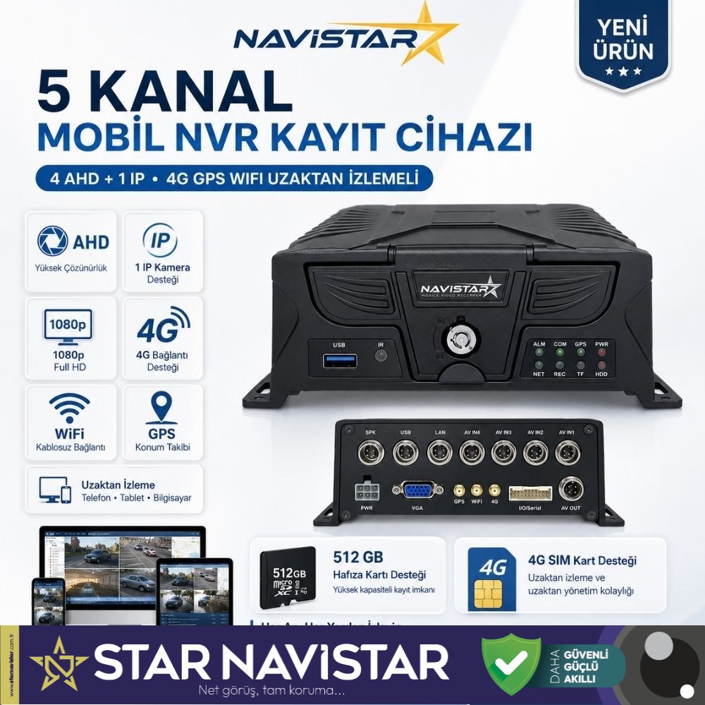 5 Kanal Mobil NVR Kayıt Cihazı 4 AHD + 1 IP Kamera 4G GPS WiFi 1080p Full HD Uzaktan İzleme Araç Güvenlik Sistemi