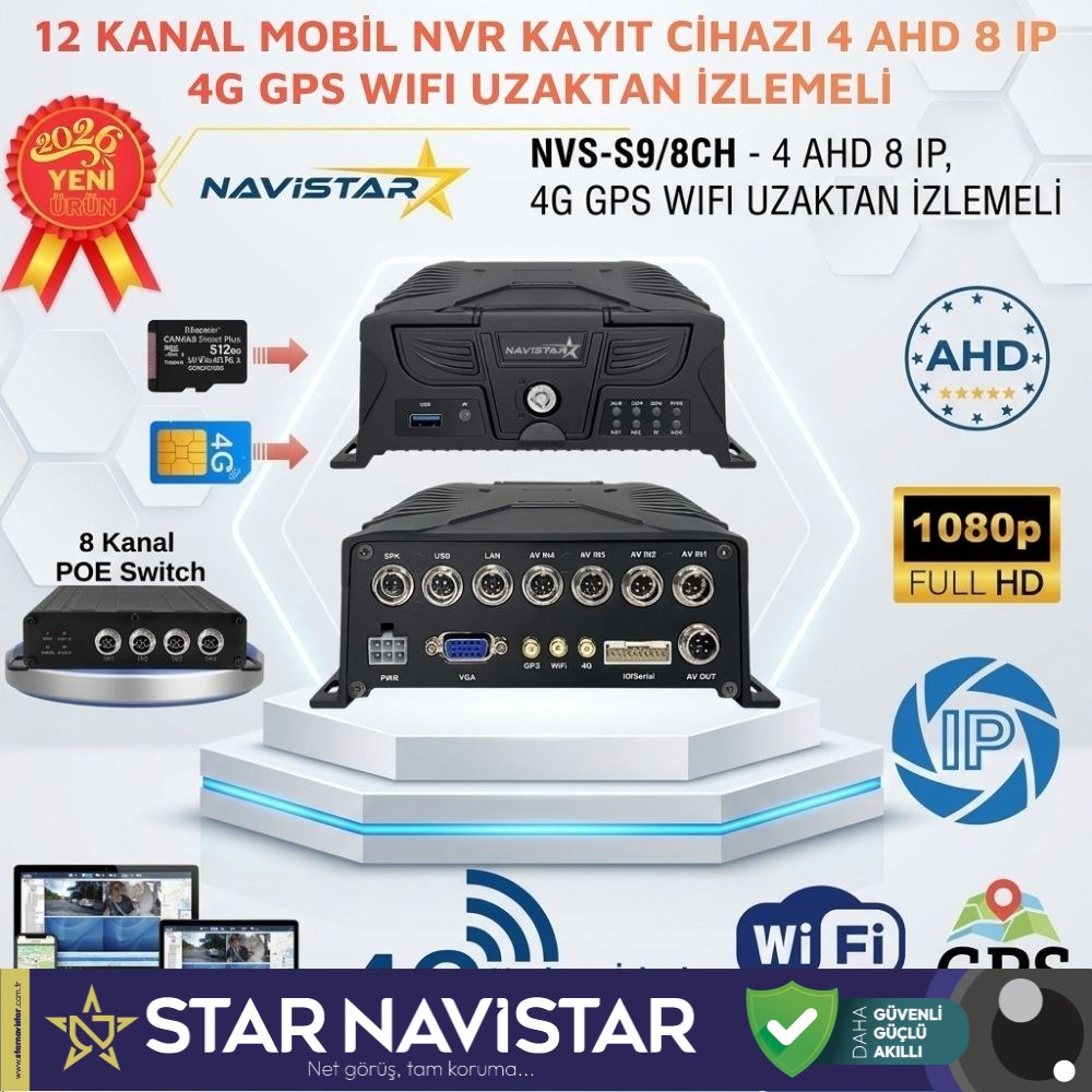 12 Kanal Profesyonel Mobil NVR/DVR Filo Güvenlik ve Takip Sistemi (4 AHD + 8 IP, 4G, GPS, WiFi, Endüstriyel Kara Kutu)