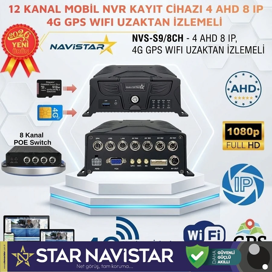 12 Kanal Profesyonel Mobil NVR/DVR Filo Güvenlik ve Takip Sistemi (4 AHD + 8 IP, 4G, GPS, WiFi, Endüstriyel Kara Kutu)