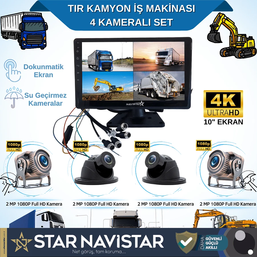 4 Kameralı 10 Inç Dokunmatik Ekranlı 256 Gb Sd Destekli Tır Kamyon İş Makinası Tak Kullan Kamera Seti