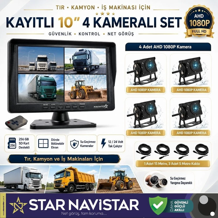 Kayıtlı 10" Dört Kameralı 256 Gb Sd Destekli Ahd Tır Kamyon Ve İş Makinaları Için 12  24 Volt Tak Kullan Kamera Seti