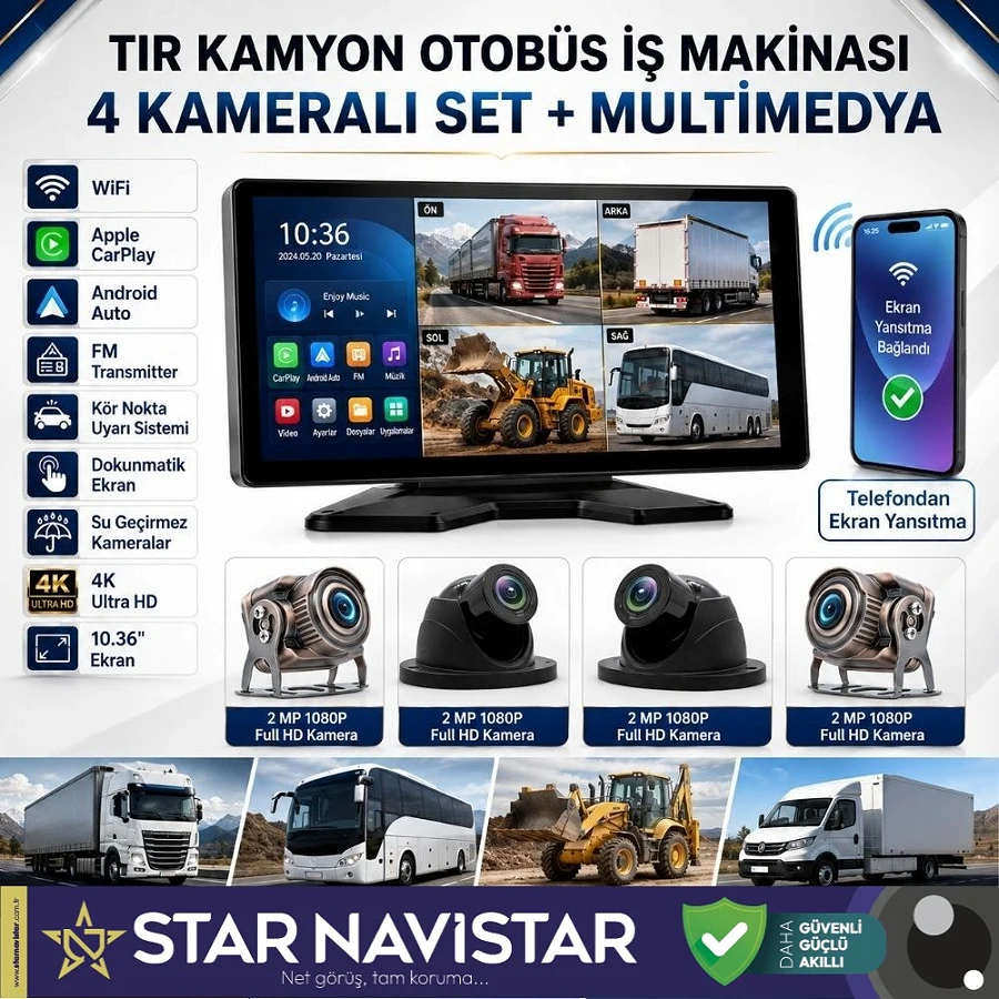 Tır Ve Kamyon 10.36" Dokunmatik Ekranlı 4 Kameralı Kayıtlı Video Müzik Telefon Ekran Yansıtma Özellikli Tak Kullan Kamera Seti