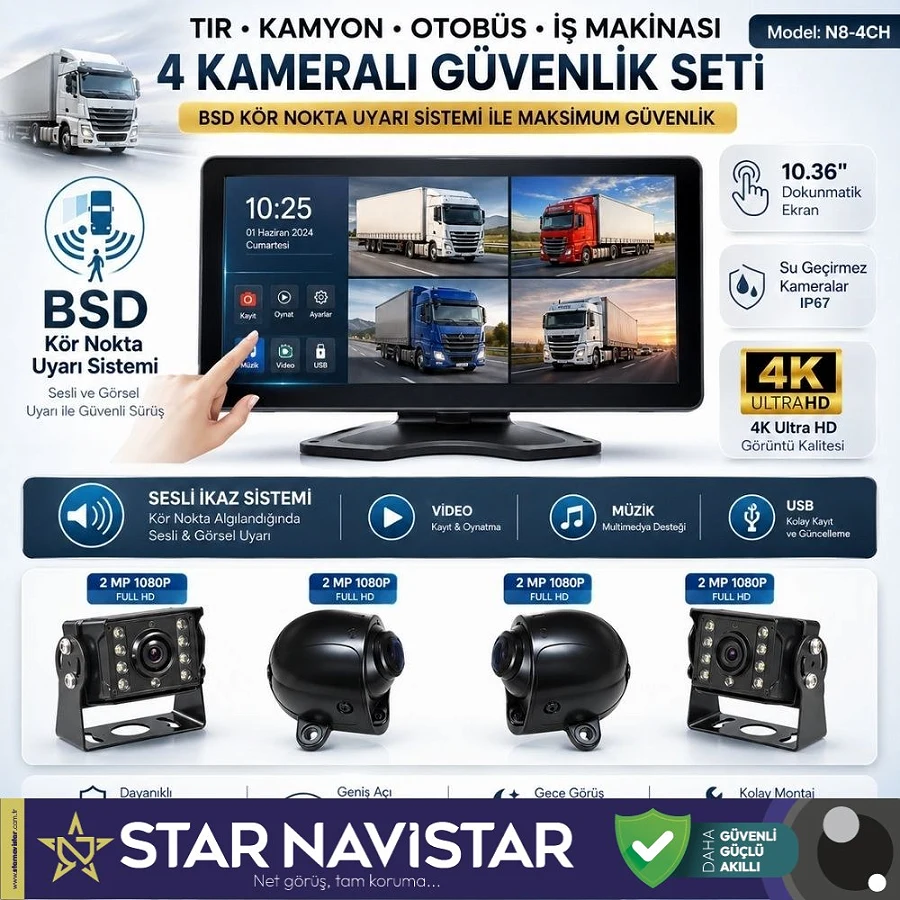Tır ve Kamyon 10.36" Dokunmatik 4 kameralı 256 GB Destekli Kör Nokta Uyarı Sistemli Kamera Seti