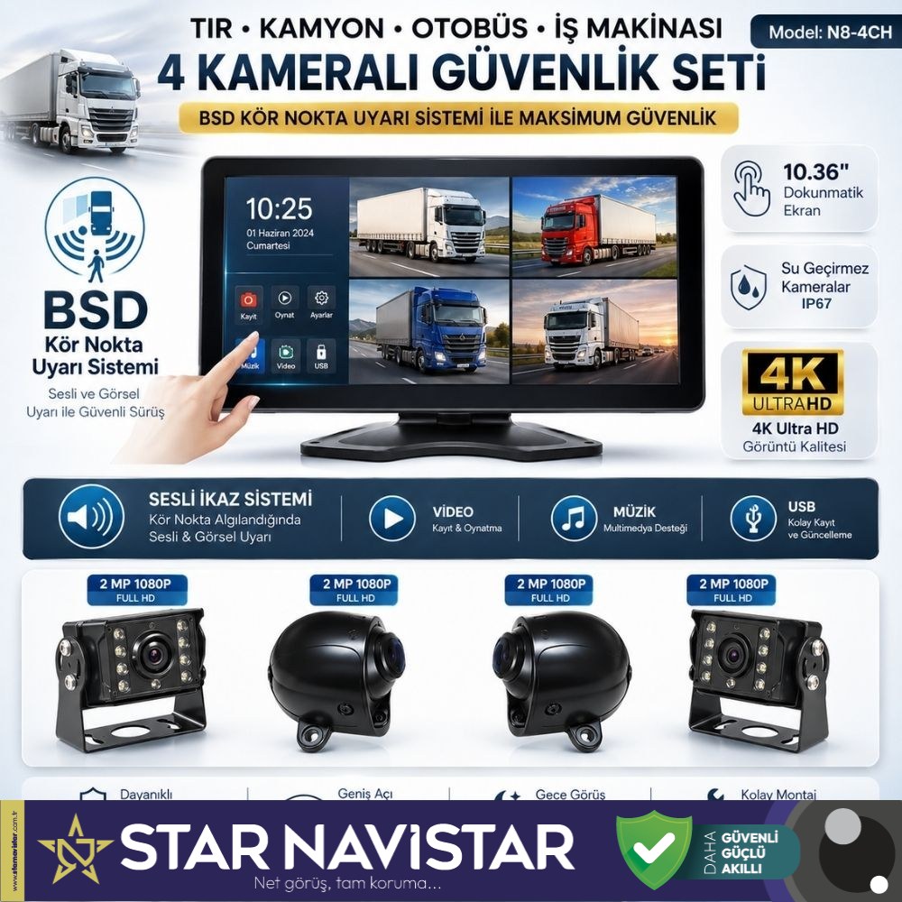 Tır ve Kamyon 10.36" Dokunmatik 4 kameralı 256 GB Destekli Kör Nokta Uyarı Sistemli Kamera Seti