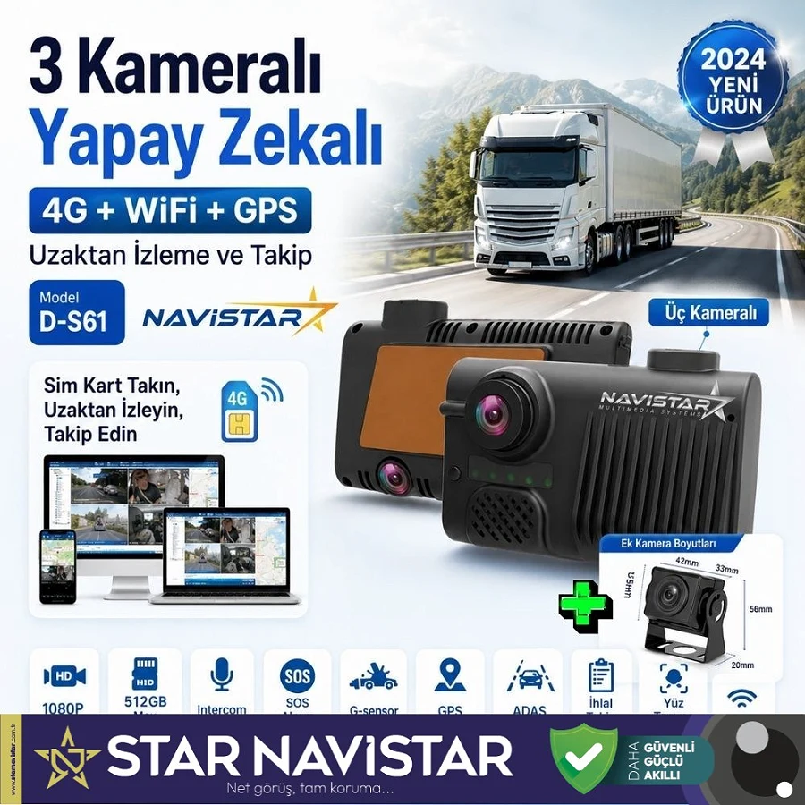 3 Kameralı 4G Uzaktan izlemeli GPS Wifi Yapay Zekalı Akıllı Dashcam Kamyon Tır Kamera Sistemi