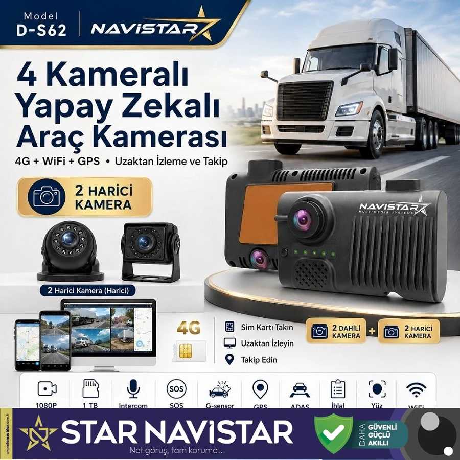 4 Kameralı 4G Uzaktan izlemeli GPS Wifi Yapay Zekalı Akıllı Dashcam Kamyon Tır Kamera Sistemi