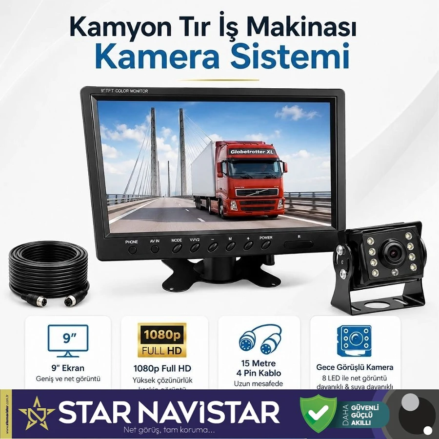 Kamyon Tır ve İş Makinaları için 9 inç AHD Monitörlü 1080P Full HD Kameralı Tak Kullan Set
