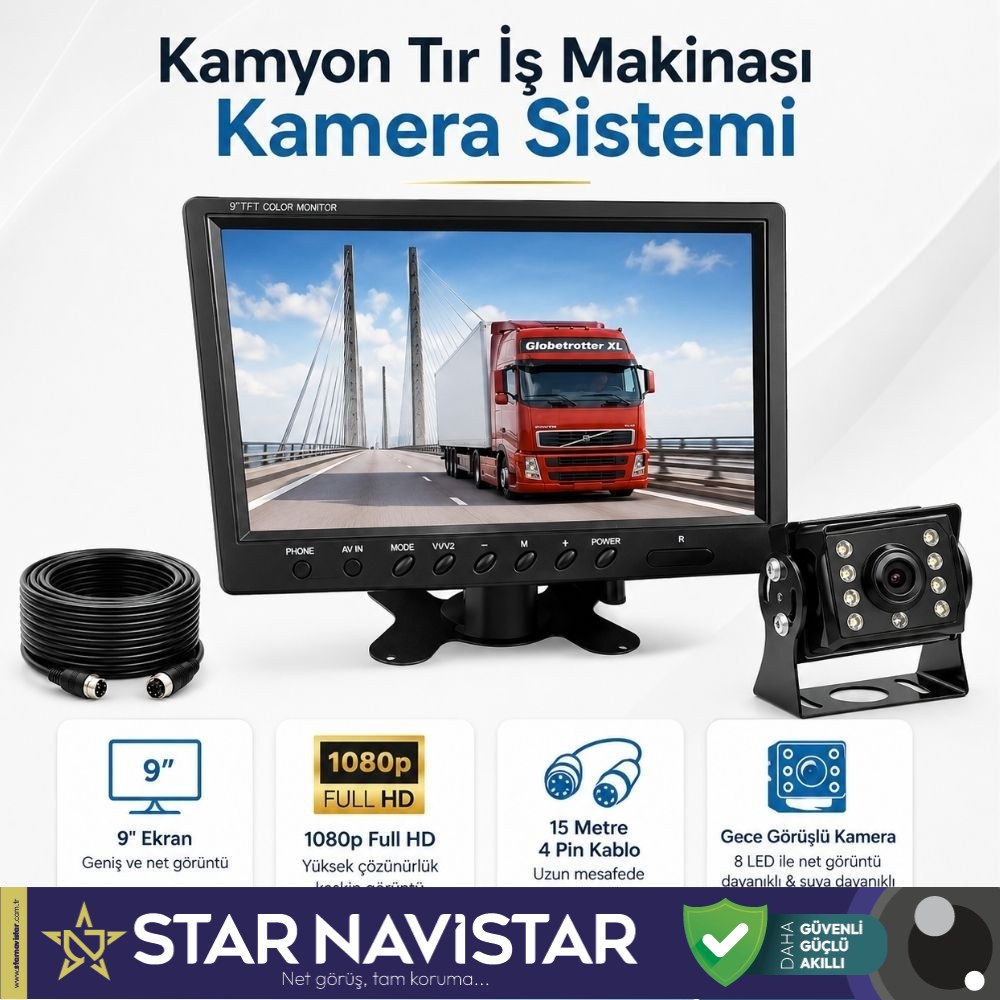 Kamyon Tır ve İş Makinaları için 9 inç AHD Monitörlü 1080P Full HD Kameralı Tak Kullan Set