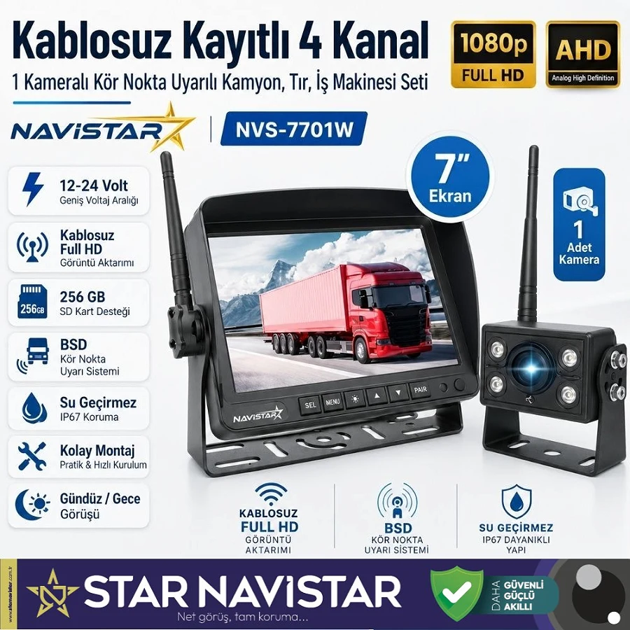 Kablosuz Kameralı 7 inç Kayıtlı Monitör Full HD BSD Kör Nokta Uyarı Sistemli Tak Kullan Kamera Seti
