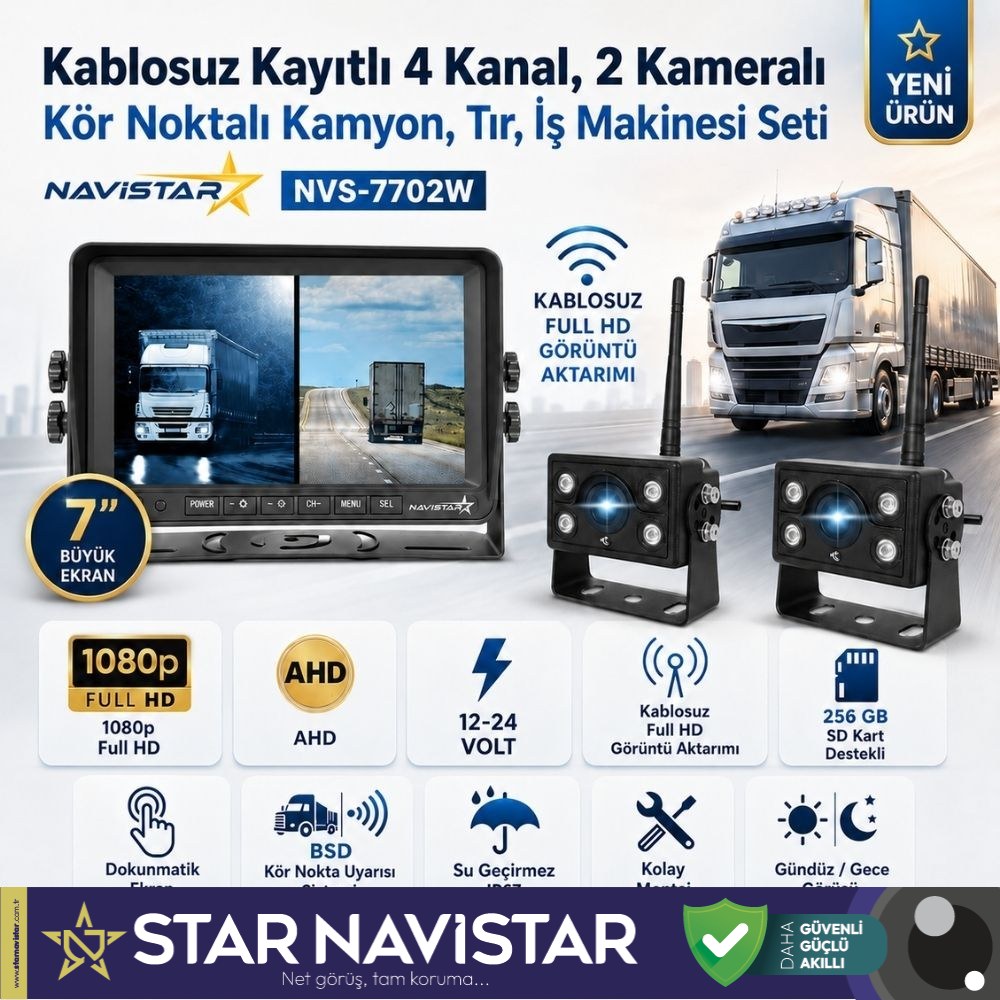 2 Kablosuz Kameralı 7 inç Kayıtlı Monitör Full HD BSD Kör Nokta Uyarı Sistemli Tak Kullan Kamera Seti