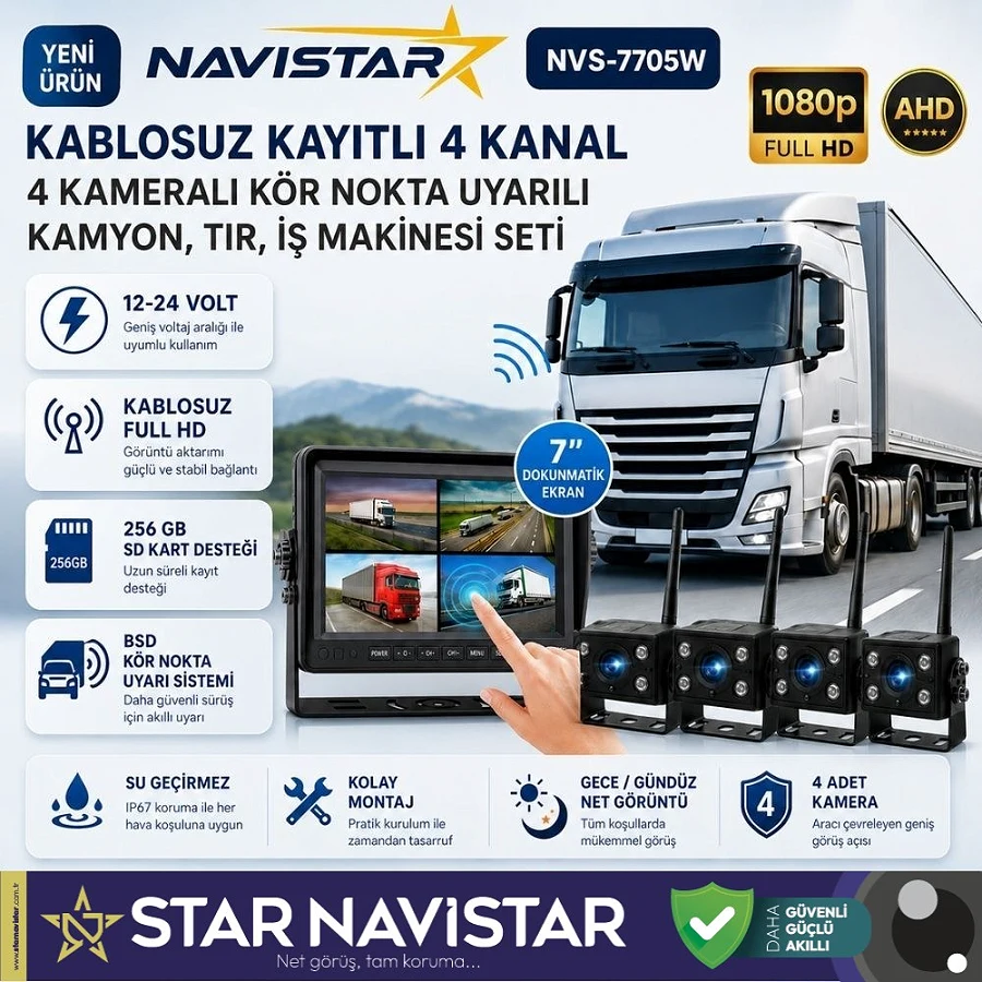 4 Kablosuz Kameralı 7 inç Kayıtlı Monitör Full HD BSD Kör Nokta Uyarı Sistemli Tak Kullan Kamera Seti