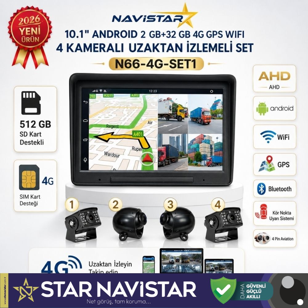 10 inç Android 4G Uzaktan izlemeli, 4 Kameralı, Wifi, GPS, Bluetooth 2 GB + 32 GB ve 512 GB SD Kart Destekli Set
