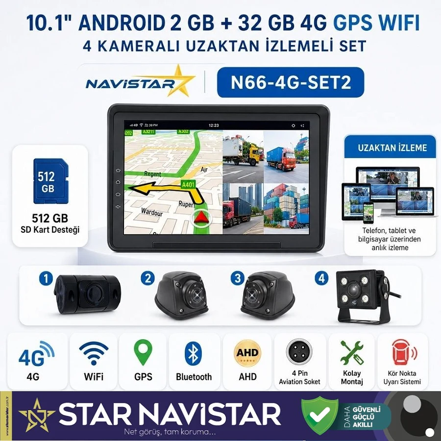 4G Uzaktan izlemeli 10 inç Android, 4 Kameralı, Wifi, GPS, Bluetooth 2 GB + 32 GB ve 512 GB SD Kart Destekli Set