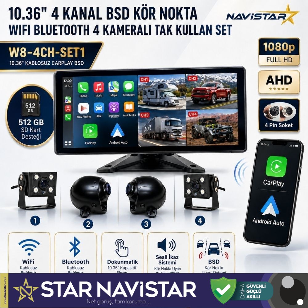 10.36 inç 4 Kameralı 1080P Kablosuz Carplay Wifi Bluetooth Fm Transmitter Tak Kullan Kamera Seti