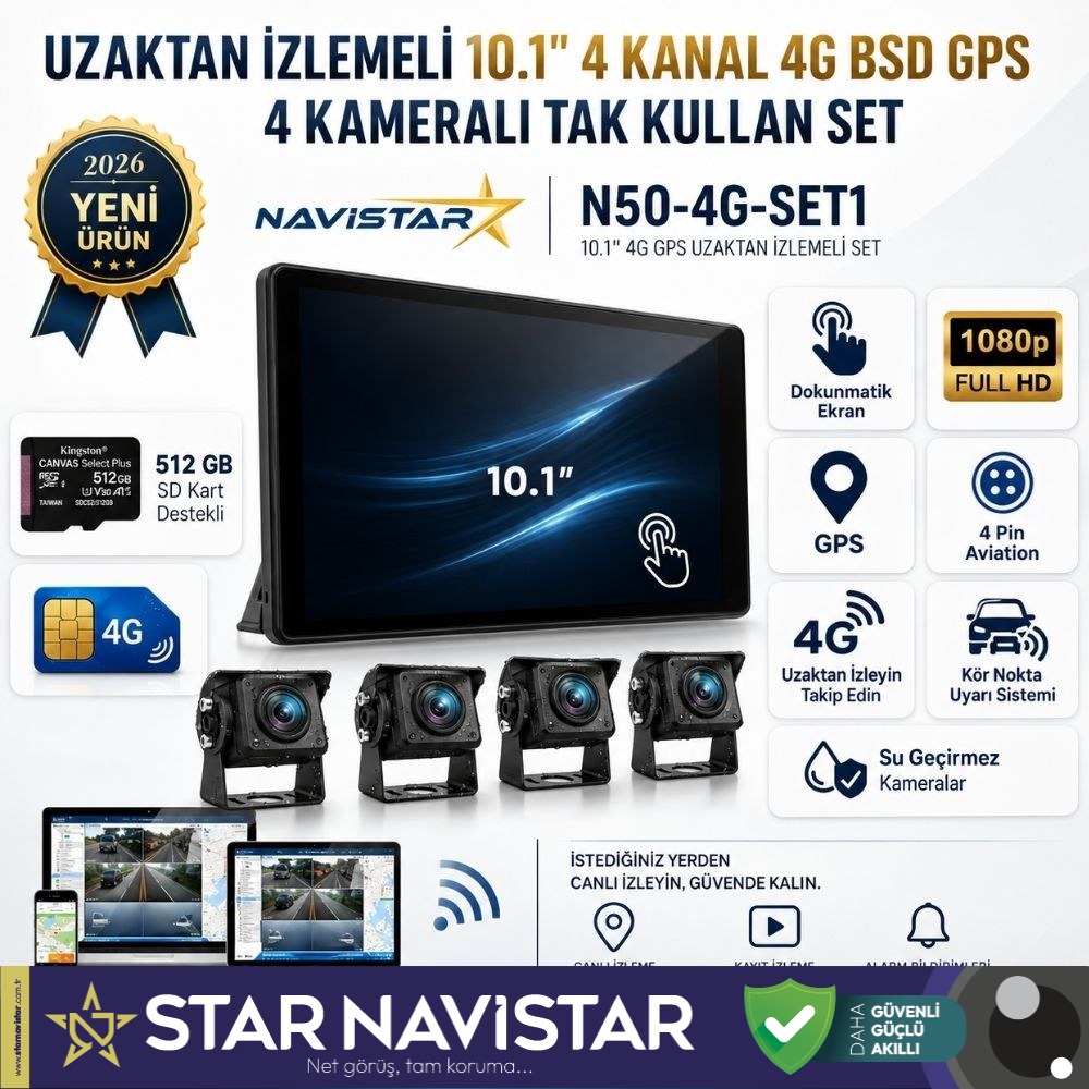 Uzaktan izlemeli 10 inç 4 Kanal 4G GPS BSD Kör Nokta Uyarı Sistemli Profesyonel Araç Kamera Seti