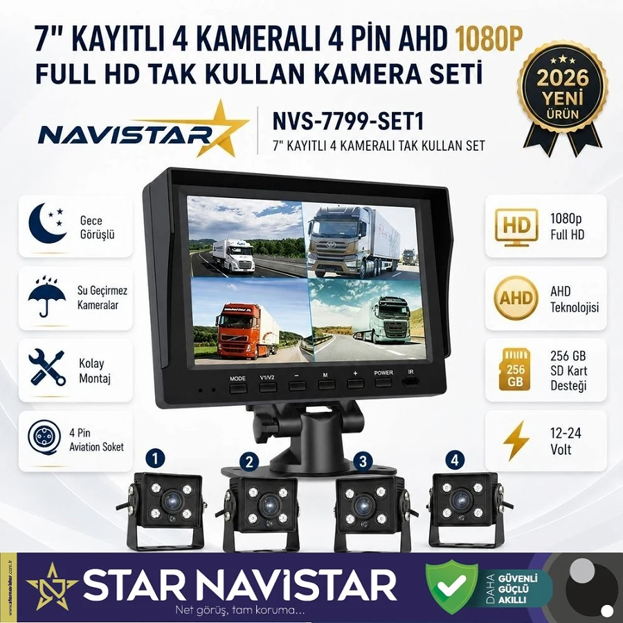 7 inç Kayıtlı 4 Kameralı Full HD Araç Kamera Sistemi AHD 1080P 256GB SD Kart Destekli Gece Görüşlü Tak Kullan Set