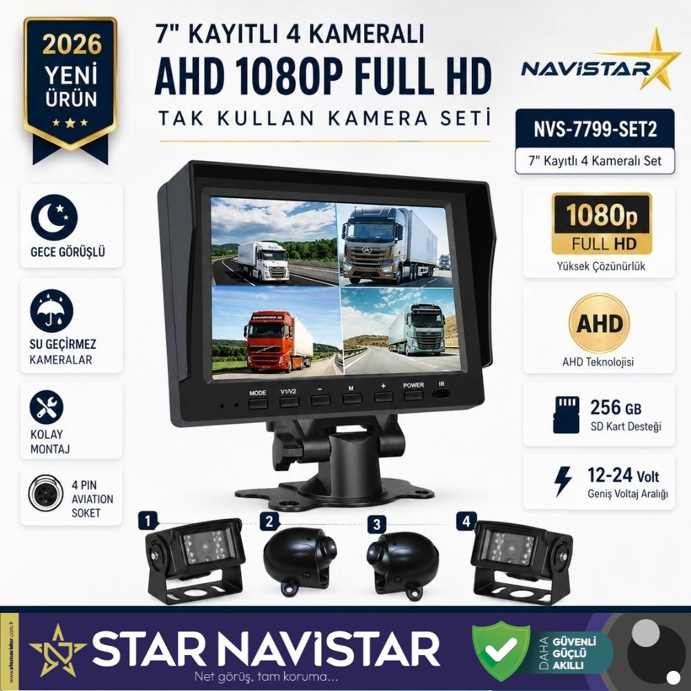 7 inç Kayıtlı AHD 1080P 4 Kameralı Full HD Araç Kamera Sistemi 256GB SD Kart Destekli Gece Görüşlü Tak Kullan Set