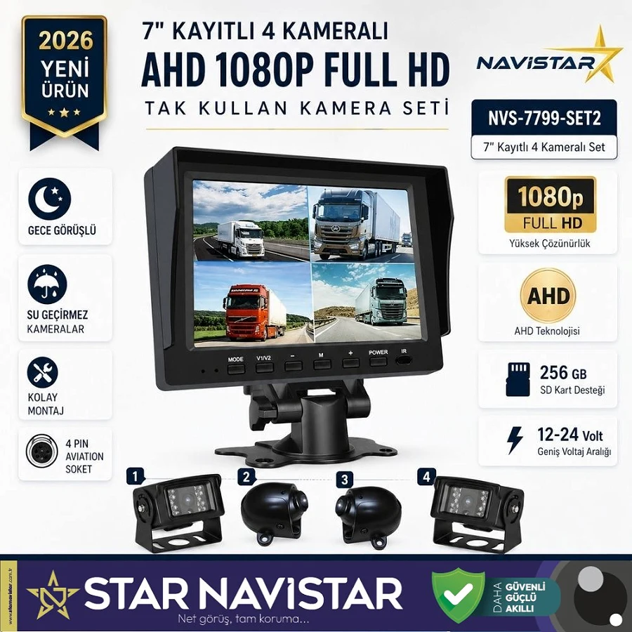 7 inç Kayıtlı AHD 1080P 4 Kameralı Full HD Araç Kamera Sistemi 256GB SD Kart Destekli Gece Görüşlü Tak Kullan Set