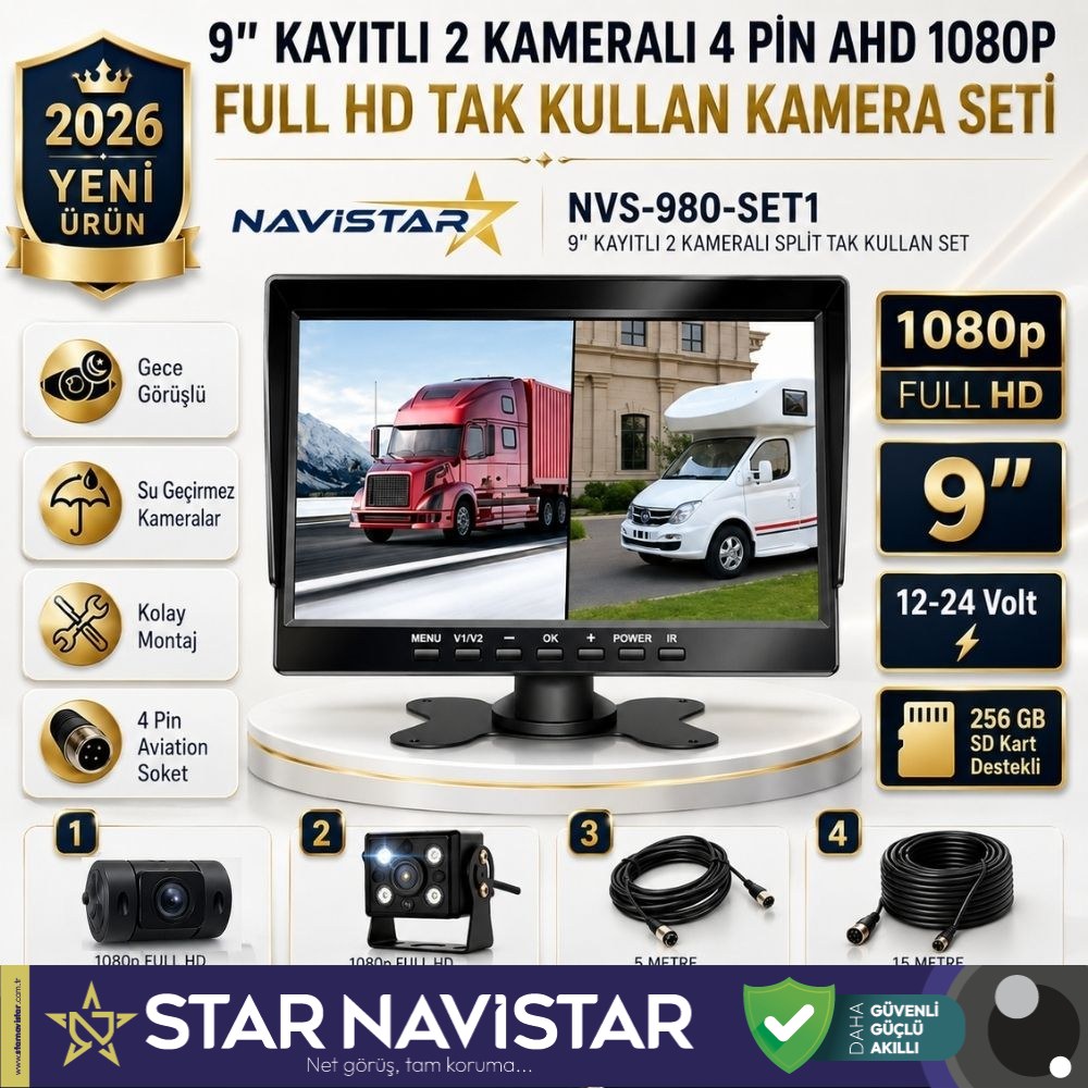 9 inç Geniş Ekran Kayıtlı 1080P Full HD 2 Kameralı Araç Güvenlik ve Geri Görüş Seti (12-24V)