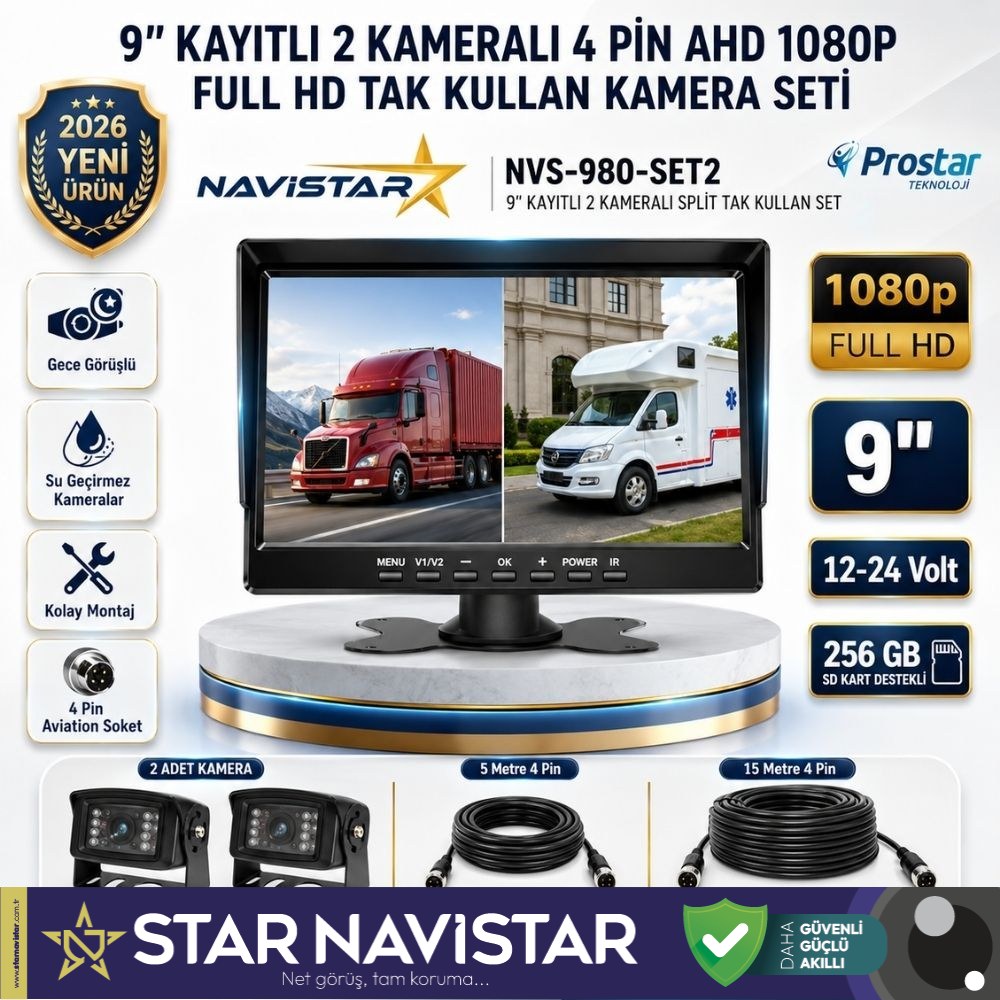 9 inç Kayıtlı Geniş Ekran 2 Kameralı 1080P Full HD Araç Güvenlik ve Geri Görüş Seti (12-24V)