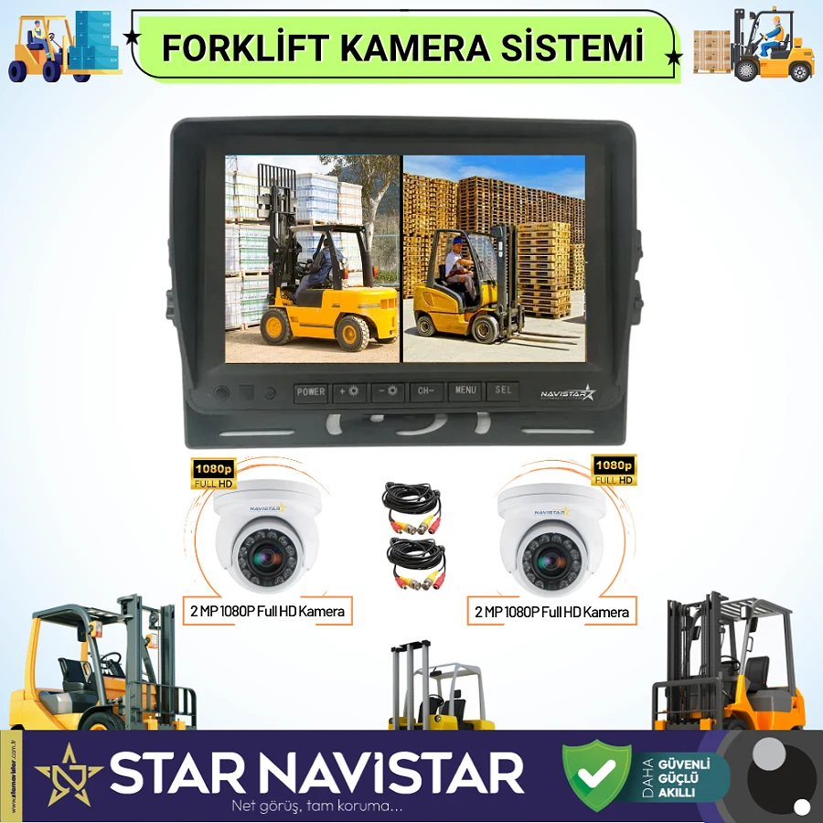 Forklift Kamera Sistemi Reach Truck 2 Kameralı 7 Inç Monitörlü Kayıtlı Kamera Seti