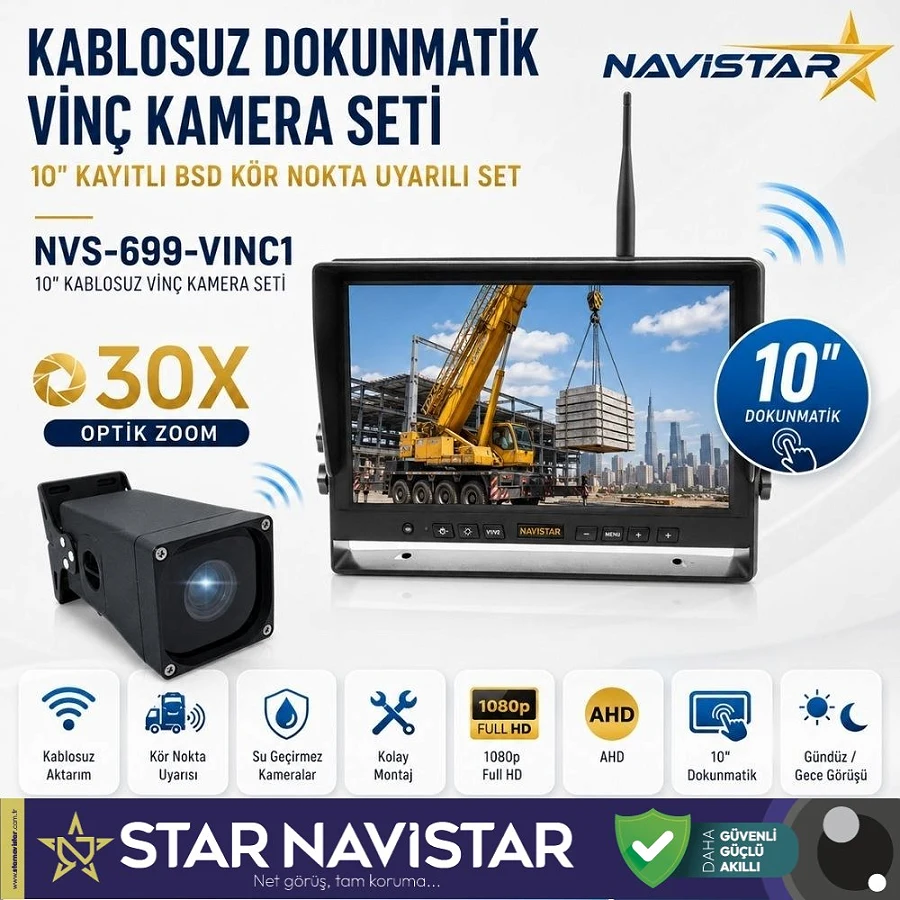 Kayıtlı 10" Dokunmatik Kablosuz Vinç Kamera Seti 30X Optik Zoom Full HD 1080p BSD Kör Nokta Uyarılı