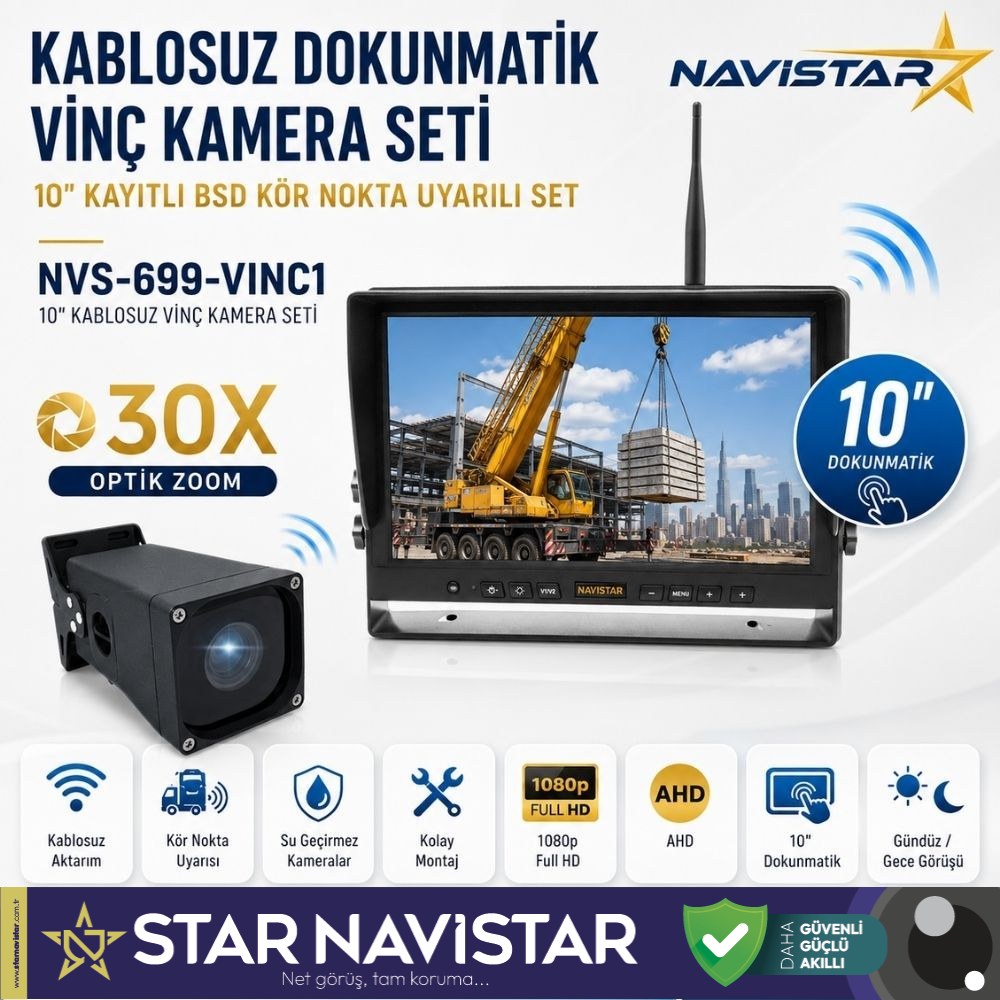 Kayıtlı 10" Dokunmatik Kablosuz Vinç Kamera Seti 30X Optik Zoom Full HD 1080p BSD Kör Nokta Uyarılı