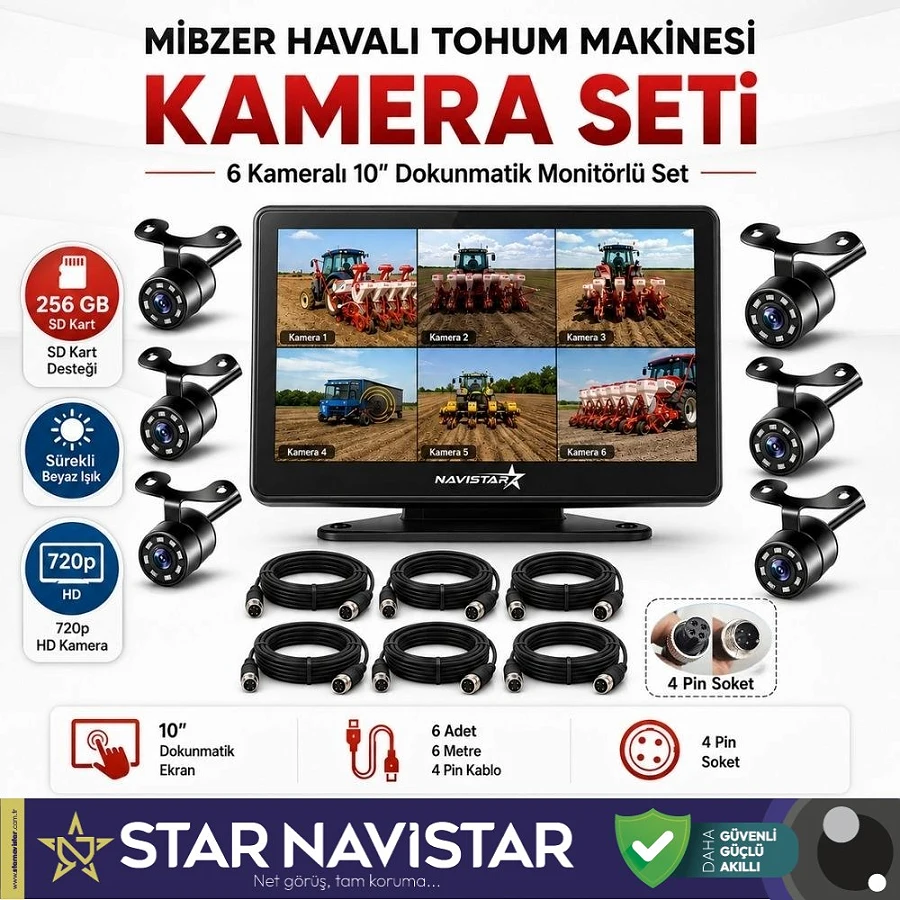 Mibzer için 6 Kameralı 10 inç Dokunmatik Monitör Altıya Bölen Kayıtlı 256 Gb Sd Kart Destekli