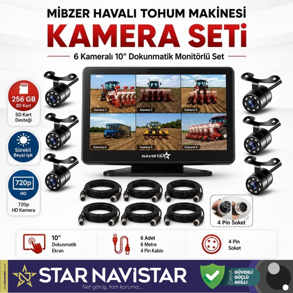Mibzer için 6 Kameralı 10 inç Dokunmatik Monitör Altıya Bölen Kayıtlı 256 Gb Sd Kart Destekli