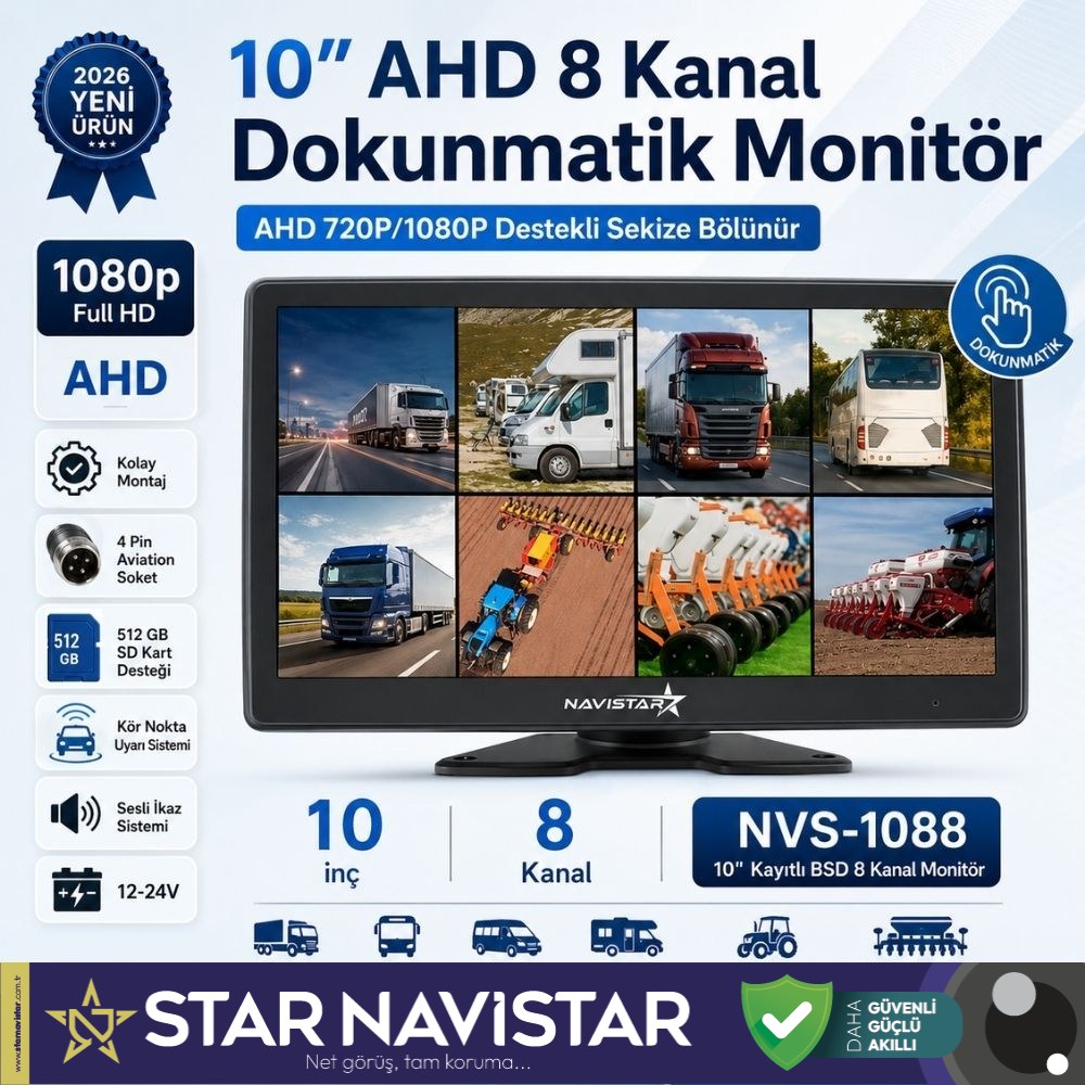 Mibzer için 8 Kameralı 10 inç Sekize Bölen Monitör Kayıtlı 256 Gb Sd Kart Destekli