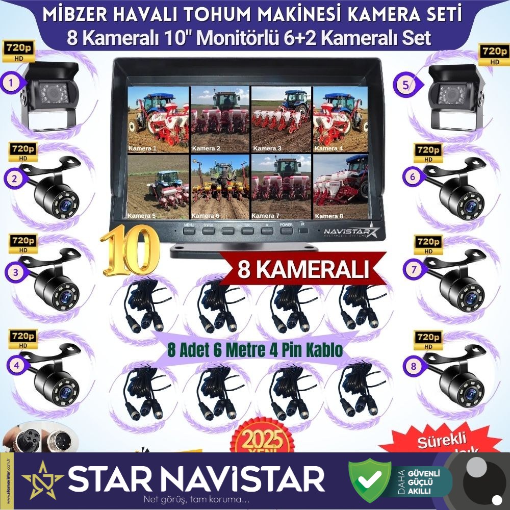Mibzer için 8 Kameralı 10 inç Sekize Bölen Monitör 2 Büyük Kameralı Kayıtlı 256 Gb Sd Kart Destekli