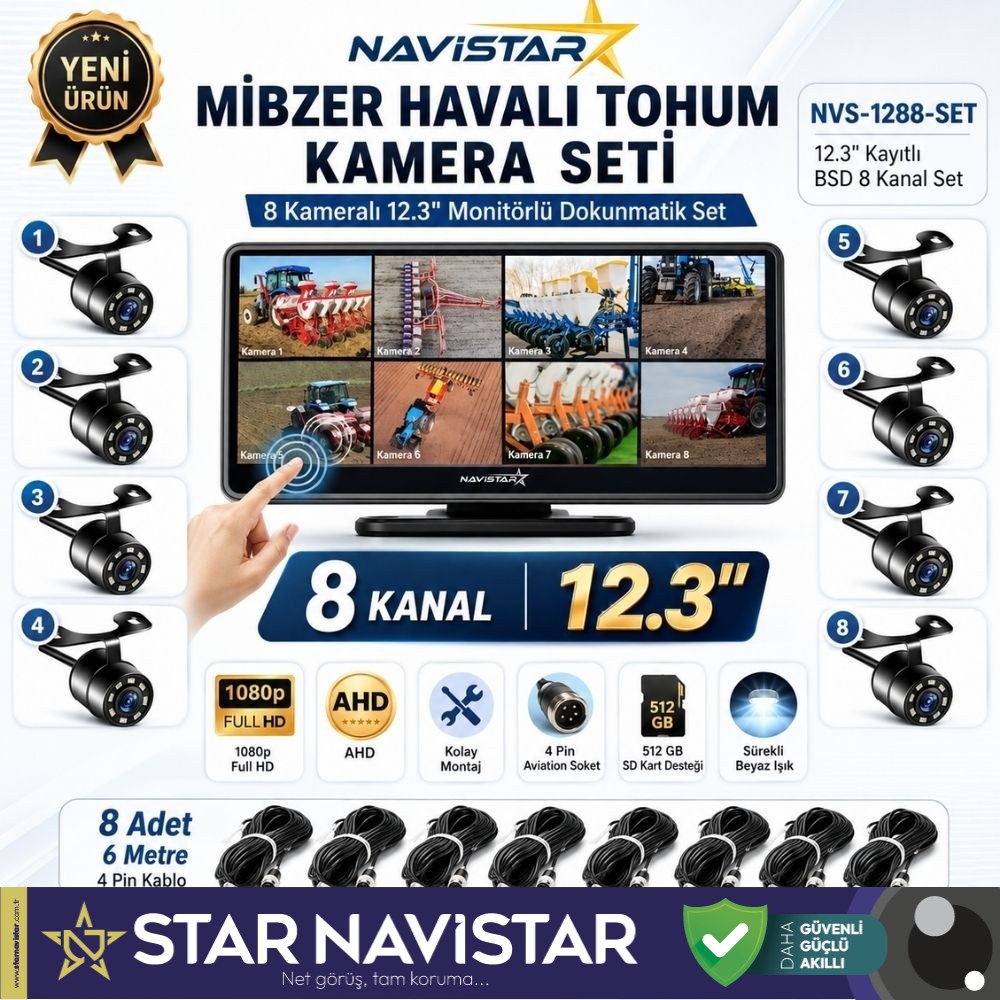 12.3 inç Dokunmatik 8 Kameralı Mibzer Tohum Seti AHD Işıklı Kameralı Tak Kullan Set