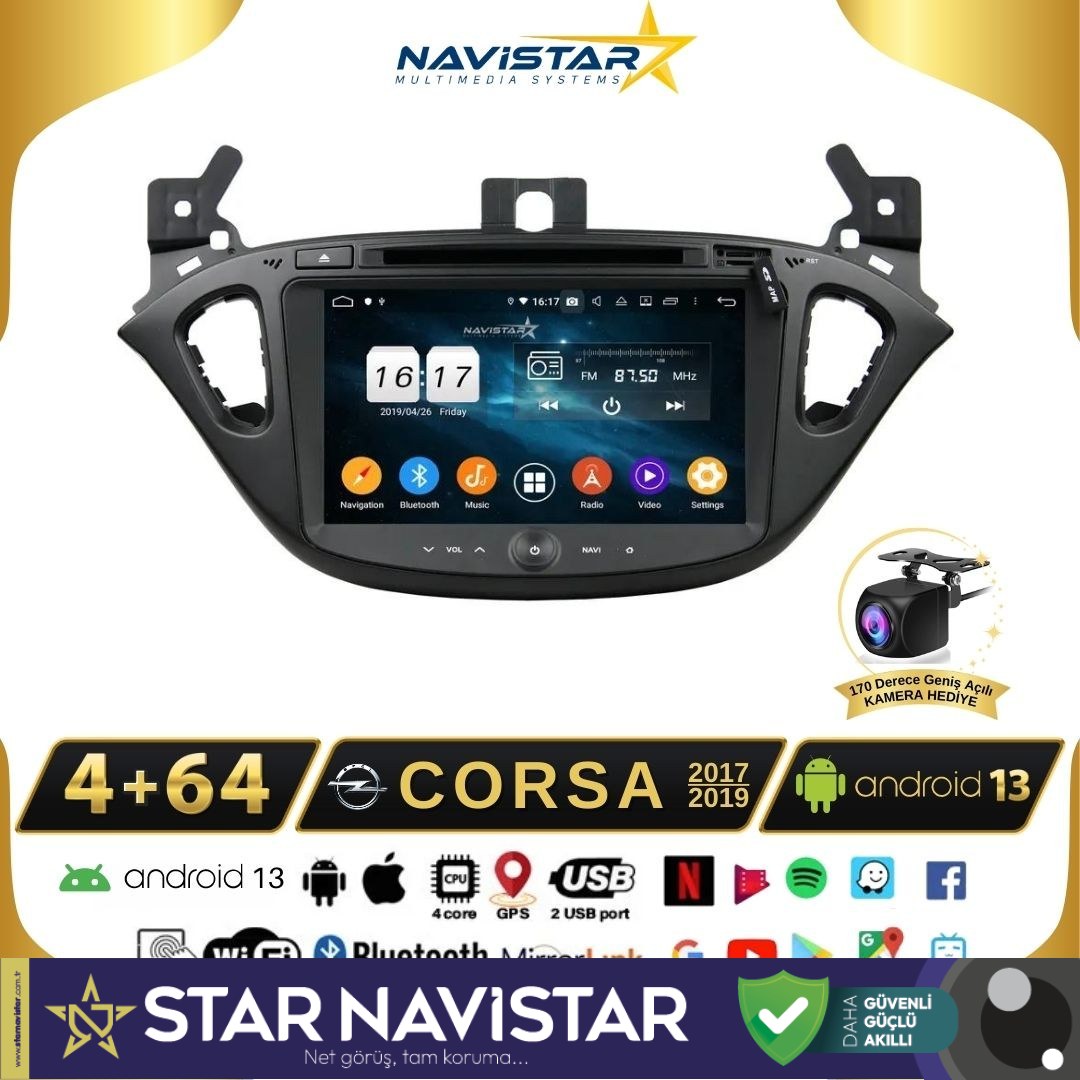 Opel Corsa 2017-2019 Model 4+64 GB Android 13 Kablosuz Carplay Navigasyon Multimedya Sistemi