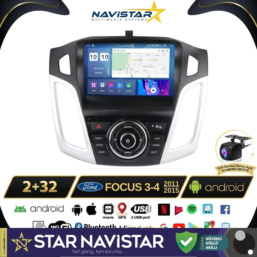 Ford Focus 34 2+64GB Kablosuz Carplay 2011-2015 Android 13 Navigasyon Multimedya Sistemi