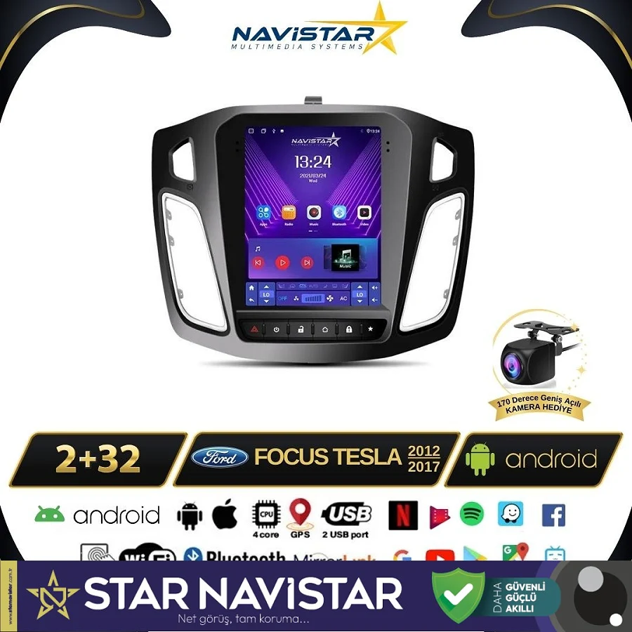 Ford Focus 2012-2018 Tesla Model 2GB + 32GB Kablosuz Carplay Navigasyon Multimedya Sistemi