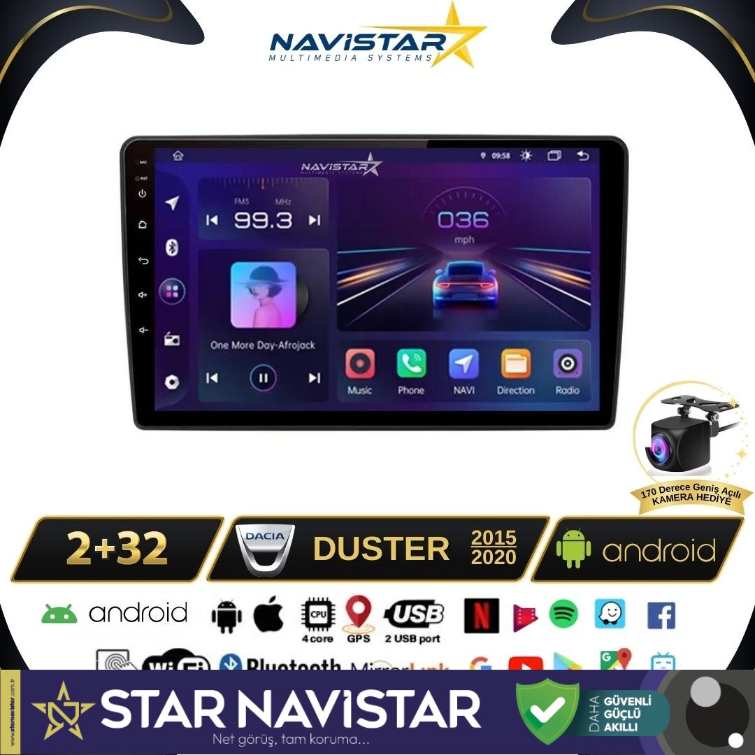 Dacia Duster 2015-2020 Model 2GB + 64GB Android 13 Kablosuz Carplay Navigasyon Multimedya Sistemi