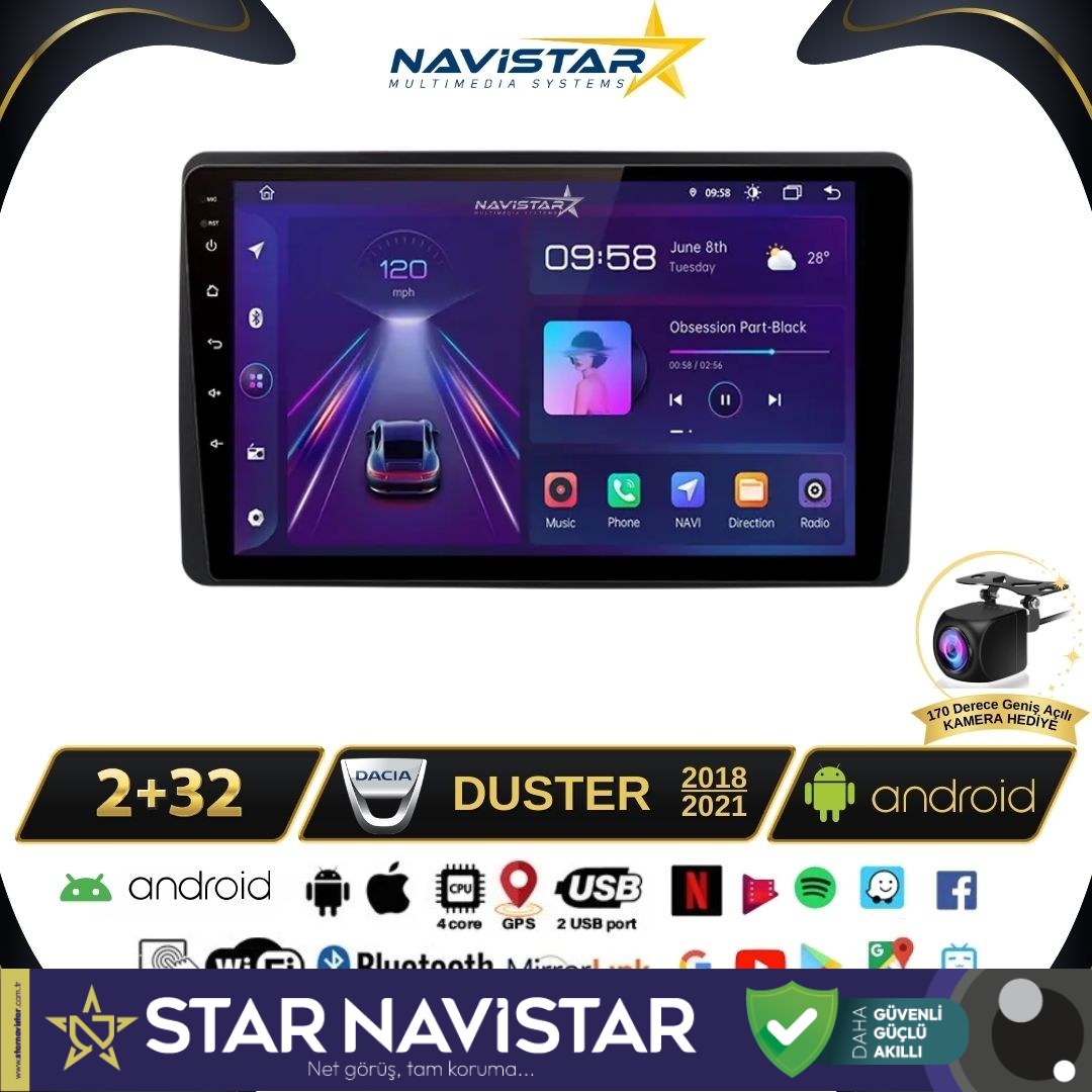 Dacia Duster 2018-2021 Model 2GB + 64GB Android 13 Kablosuz Carplay Navigasyon Multimedya Sistemi