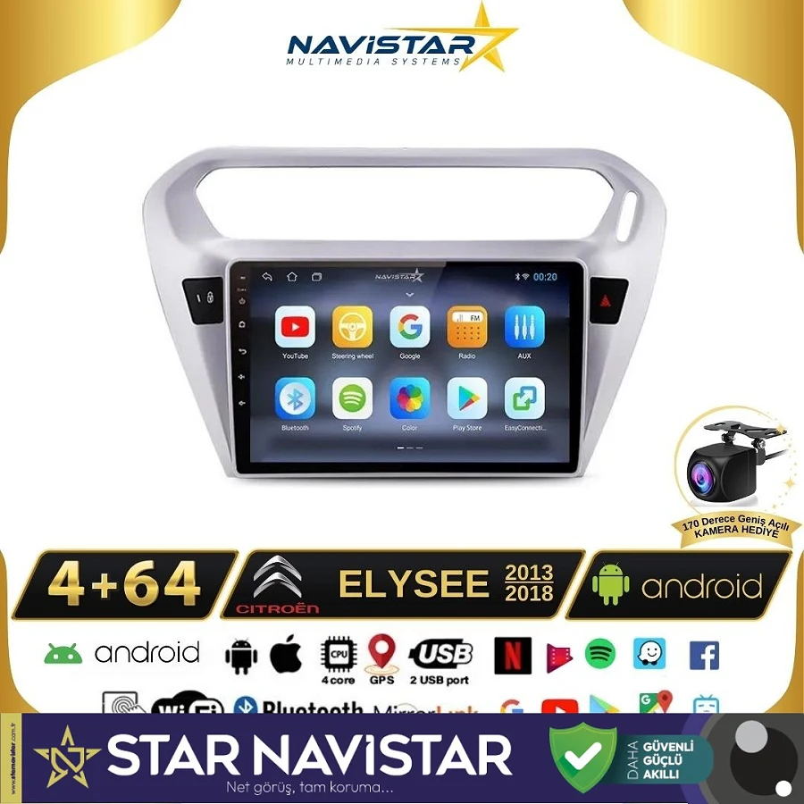 Citroen Elysee 4GB + 64GB Kablosuz Carplay 2013-2018 Android 13 Navigasyon Multimedya Sistemi