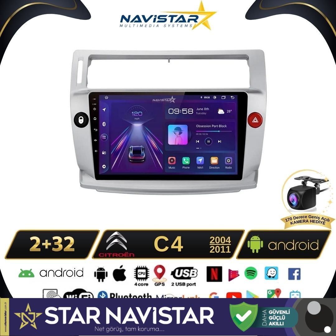 Citroen C4  2004-2011 Model 2GB + 64GB Android 13 Kablosuz Carplay Navigasyon Multimedya Sistemi