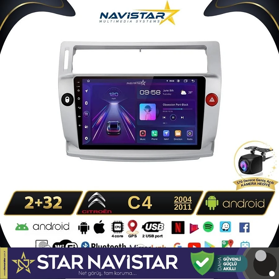 Citroen C4  2004-2011 Model 2GB + 64GB Android 13 Kablosuz Carplay Navigasyon Multimedya Sistemi