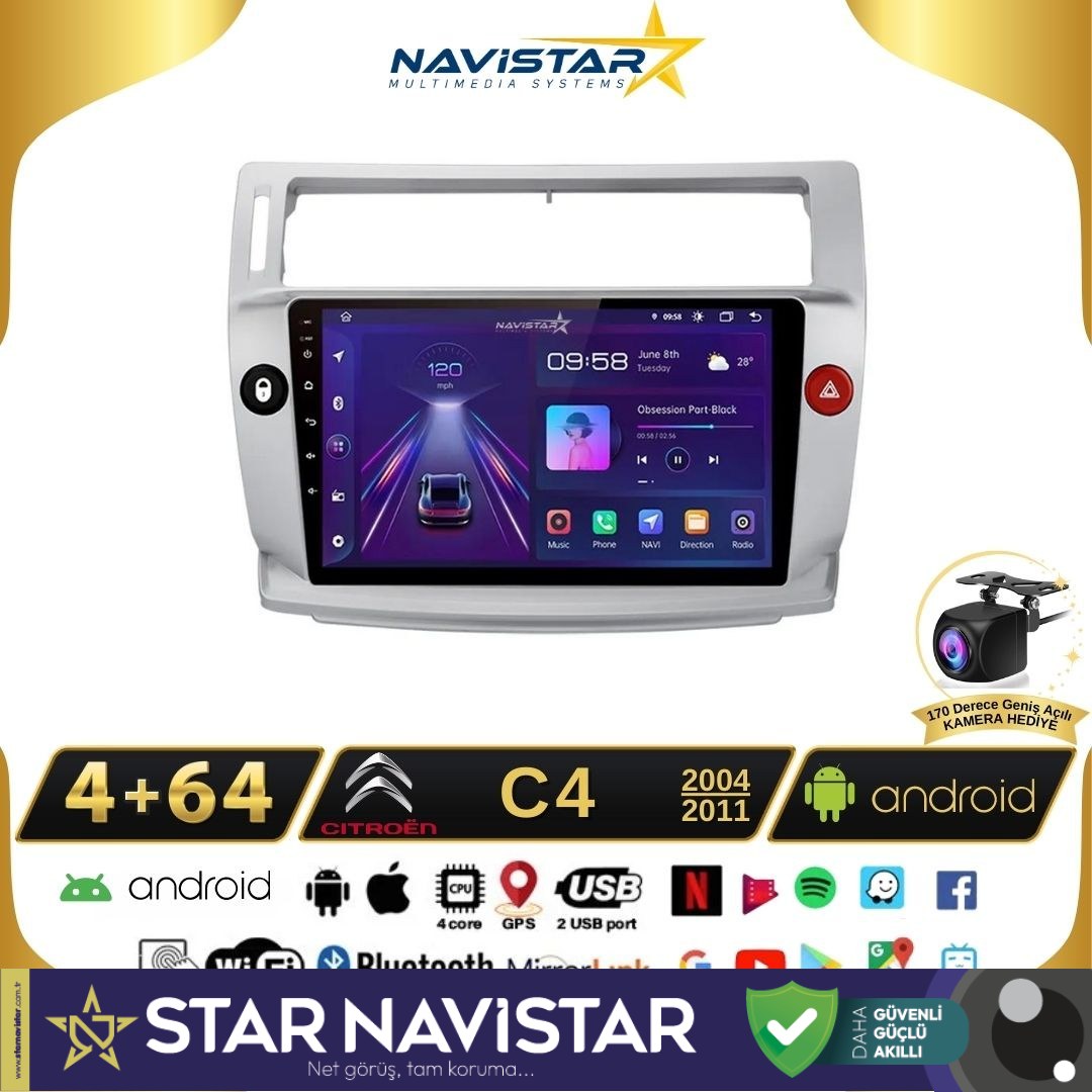 Citroen C4  2004-2011 Model 4GB + 64GB Android 13 Kablosuz Carplay Navigasyon Multimedya Sistemi