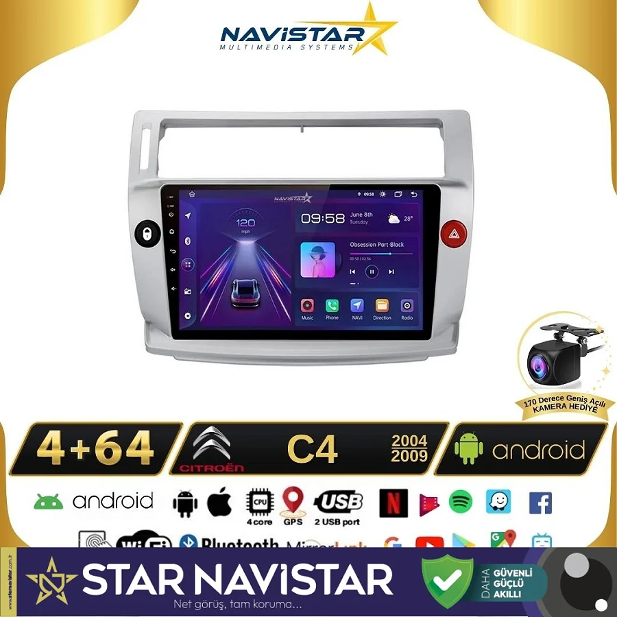 Citroen C4 2004-2009 Model 4GB + 64GB Android 13 Kablosuz Carplay Navigasyon Multimedya Sistemi