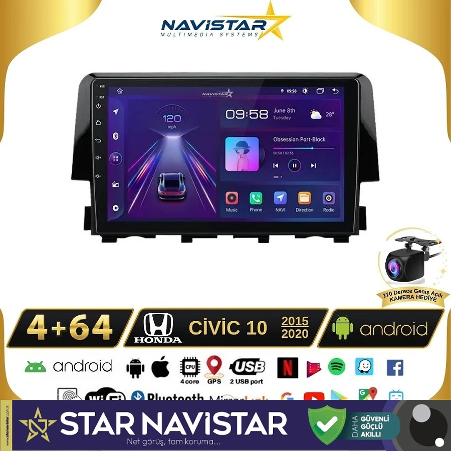 Honda Civic Kablosuz Carplay 4GB + 64GB Android 13 2015-2020 Navigasyon Multimedya Sistemi