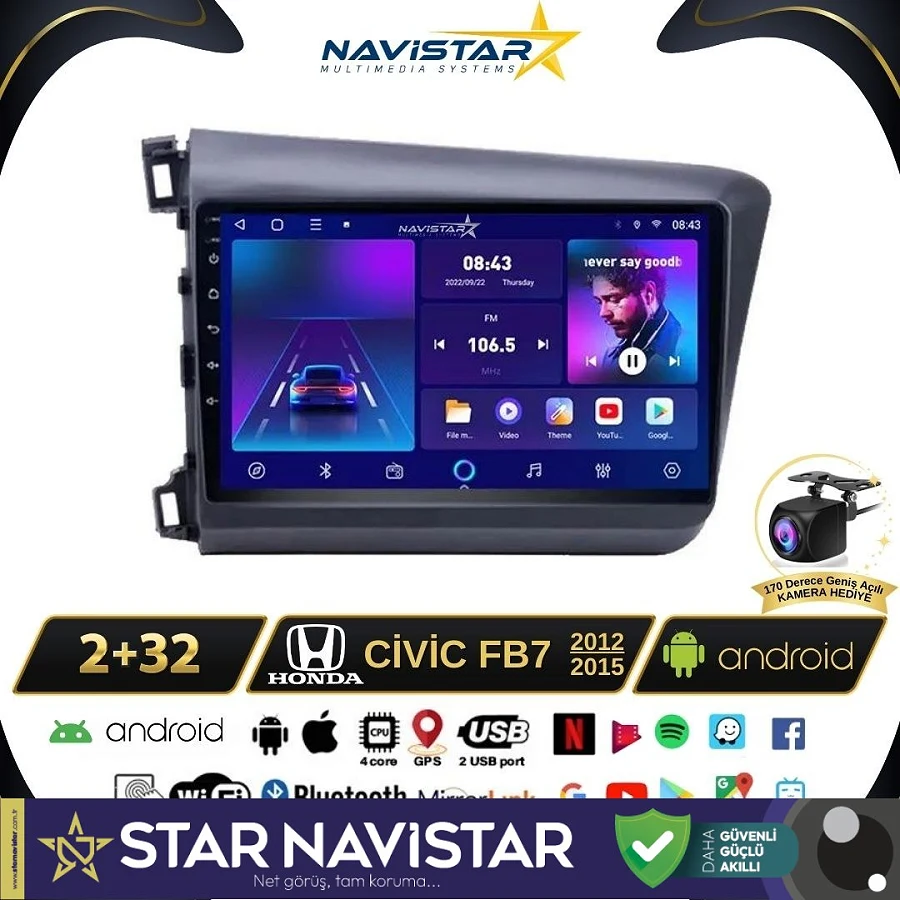 Honda Civic Fb7 2+64GB Android 13 Kablosuz Carplay 2012-2015 Navigasyon Multimedya Sistemi