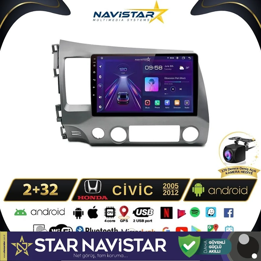 Honda Civic 2005-2012 Model 2GB + 64GB Android 13 Kablosuz Carplay Navigasyon Multimedya Sistemi
